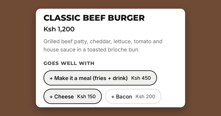 The Classic Beef Burger popup with “Goes well with” add-ons: make it a meal, cheese and bacon