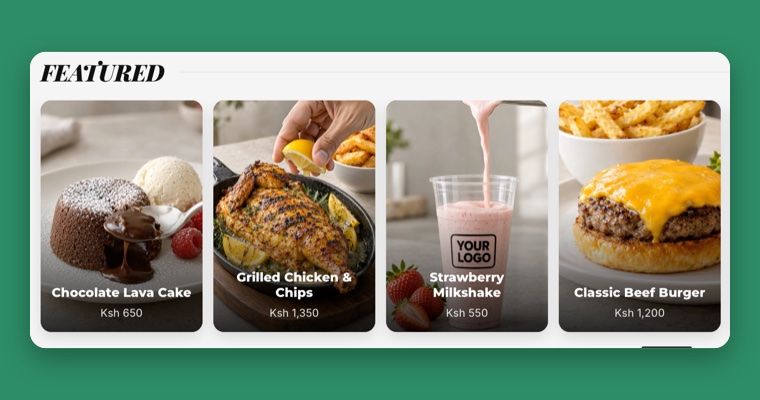 The featured row of the menu: chocolate lava cake, grilled chicken, strawberry milkshake and beef burger, each with its price