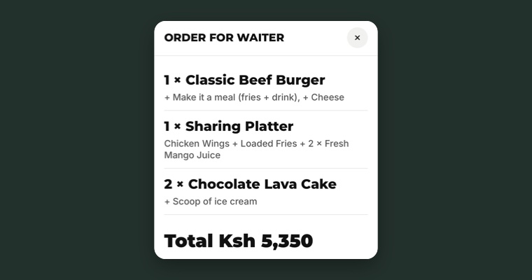 The order-for-waiter screen listing three items and a total of Ksh 5,350